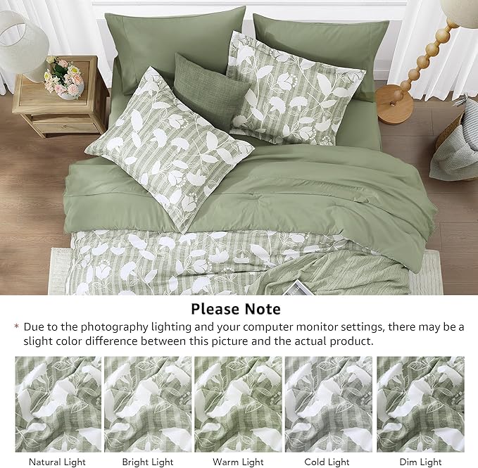 Full Comforter Set -7 Pieces Sage Green Floral Comforter Set for All Seasons, Bed in a Bag Full with Botanical Flowers Comforter, Sheets, Pillowcases & Shams