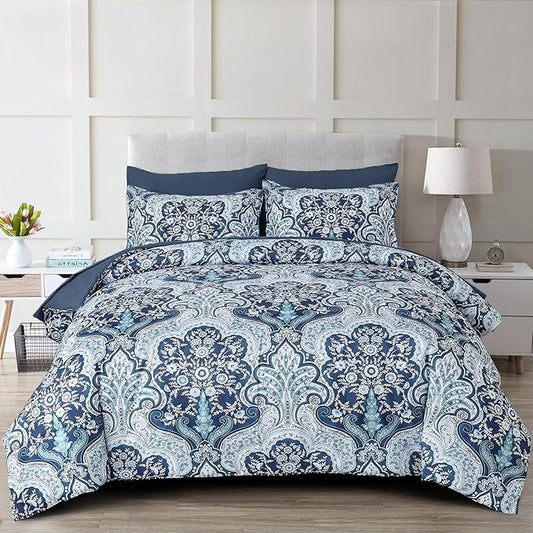 Drucon Paisley Comforter Set King Size, 7 Pieces Bed in a Bag Blue Boho Comforter, Soft Lightweight Microfiber Bedding Set (1 Comforter, 1 Flat Sheet, 1 Fitted Sheet, 2 Pillow Shams, 2 Pillowcases)