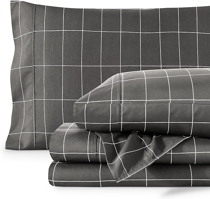 Bare Home Twin Sheet Set - 1800 Ultra-Soft Microfiber Bed Sheets - Deep Pockets - Easy Fit - Extra Soft - 3 Piece Set - Bedding & Pillowcases (Twin, Grid - Grey/White)