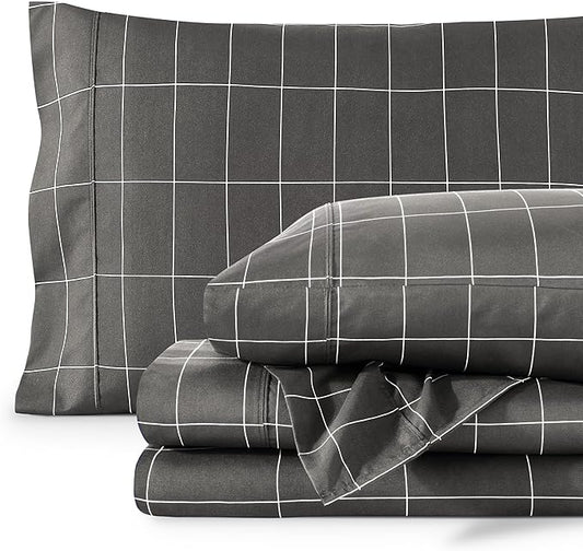 Bare Home Twin Sheet Set - 1800 Ultra-Soft Microfiber Bed Sheets - Deep Pockets - Easy Fit - Extra Soft - 3 Piece Set - Bedding & Pillowcases (Twin, Grid - Grey/White)