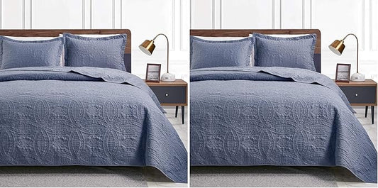 Love's cabin King Size Quilt Set Blue Bedspreads - Soft Bed Summer Lightweight Bedspread Comforter - Modern Style Coin Pattern Coverlet for All Season - 3 Pieces (1 Quilt, 2 Pillow Shams) (Pack of 2)