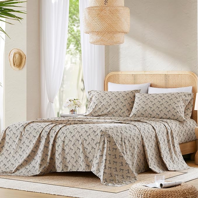 Comfort Spaces 100% Cotton Sheets Queen, Breathable, Naturally Cool Cotton Sheets, Cotton Bed Sheets with 14" Elastic Pocket Fits up to 16" Mattress, All Seasons Sheet Set, Bow Black/Taupe 4 Piece