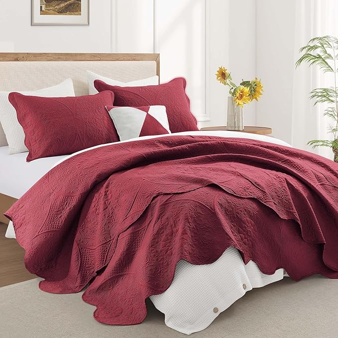 MOONLIGHT20015 King Quilt Bedding Set Size (106" x 96") + 2 Pillow Shams (20" x 36"+ 2") - 3 Pcs All Season Lightweight Reversible Quilt Bedspread Microfiber Floral Embossed Coverlet (Burgundy)