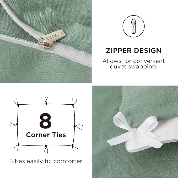 Bedsure Duvet Cover Queen Size with Fitted Sheet - 4 Pieces Prewashed Cotton-Like Polyester Extra Soft Bedding Set, Includes 1 Duvet Cover 90x90 Inches, 2 Pillow Shams, 1 Fitted Sheet, Sage Green