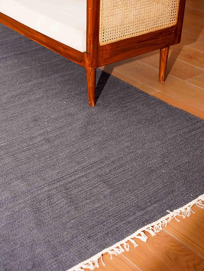 Rugsotic Carpets Hand Woven Flat Weave Kilim Wool ECO-Friendly Area Rugs - 9'x12', Rectangle Shape, Charcoal Color, Solid Plain Design, Low Pile Handmade Rugs for Living Room, Bed Room (D00111)