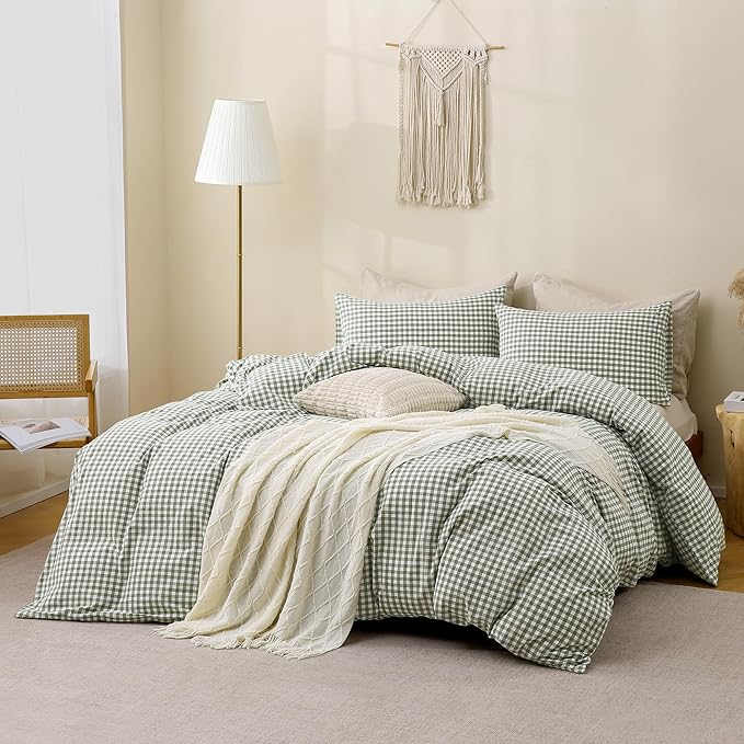 TOCOMOA Green Gingham Duvet Cover Bedding Set 100% Washed Cotton Like Linen Feel Super Soft Comfy 3 Piece Vintage Plaid Checkered Comforter Cover Set (Oversized King 120"x98", Comforter Not Included)