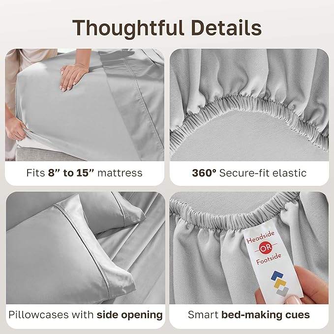 California Design Den Split King Sheets for Adjustable Bed, Natural 100% Cotton Sheets, 400 Thread Count Sateen, Deep Pockets with All Around Elastic for a Snug Fit, Durable Bedding Set - Light Grey