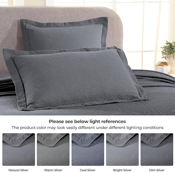 Superior Cotton Fleur De Lis Bedspread Set, Warm Blankets, All-Season Bedding, Bedroom Decor, Decorative Boho Medallion Coverlet, Includes 1 Bedspread, 2 Pillow Shams, Queen, Grey