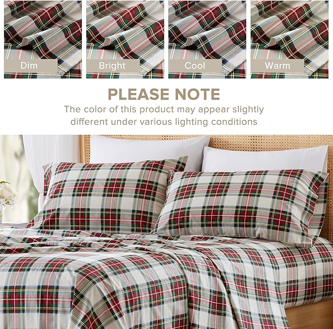 Comfort Spaces 100% Cotton Sheets Queen, Breathable, Naturally Cool Cotton Sheets,Cotton Bed Sheets with 14" Elastic Pocket Fits up to 16" Mattress, All Seasons Sheet Set, Scottish Plaid Red 4 Piece