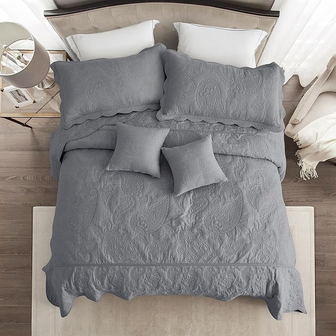 HZ & HY Oversized King Bedspread, Quilted Coverlet Bedding Set, Lightweight Thin Comforter, Reversible, Luxurious, 5 Piece, 100% Microfiber, Grey