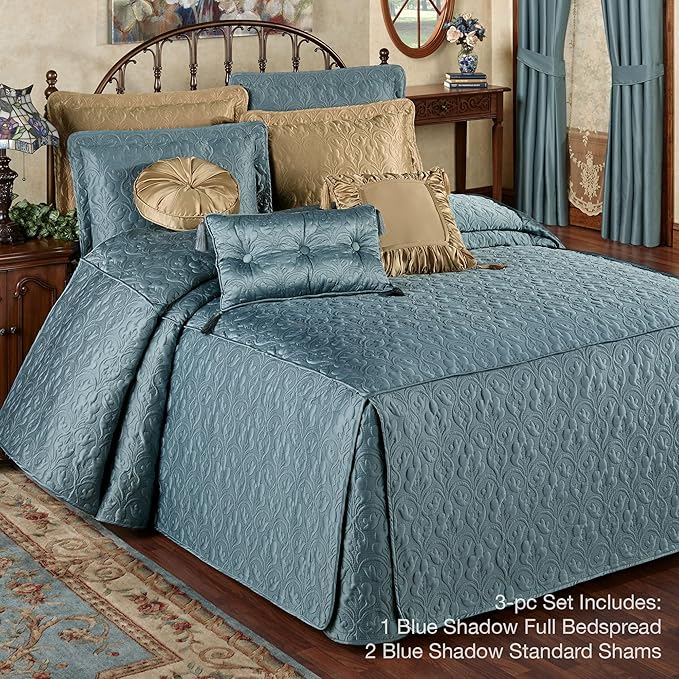 Cambridge Classic Luxury Bedding | Blue Shadow Solid Color Polyester Satin | Elaborate Damask Quilting | Generous 21 Inch Drop | 3 Piece Bed Set Includes Oversized Full Bedspread & 2 Standard Shams