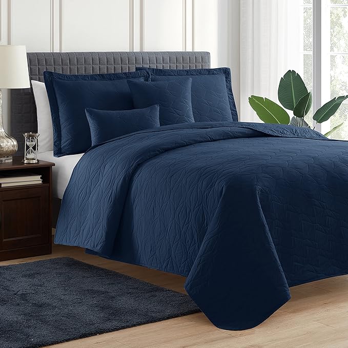 Hearth & Harbor Quilts King Size - All Season Bedspread Coverlet Set, Pinsonic Weave Lightweight Bedding Set - 5 Piece King Quilt Set with Pillow Shams, Ellipse - Navy