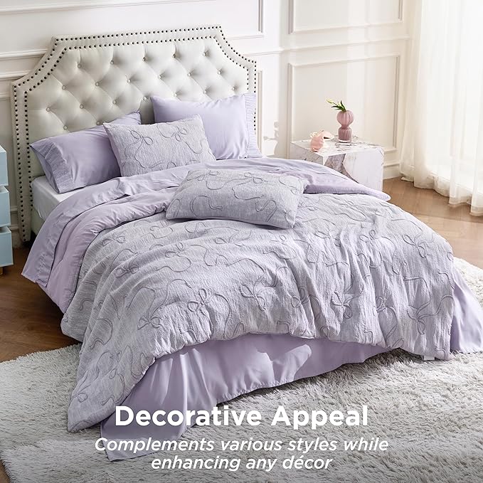 Bedsure Queen Comforter Set, GentleSoft™ 3 Pieces Bow Cute Bedding Purple Room Decor Aesthetic, Queen Bedding Sets Gifts for Her Women, 1 Bed Purple Comforter, 2 Pillow Shams, 90x90 Inches