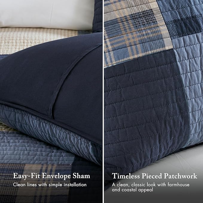 WOOLRICH Quilt Set Patchwork Channel Quilting, Cottage Coverlet for Twin Size Bed All Seasons, Lightweight Prewashed Cotton Coverlet Bedspread, Shams, Winter Hills, Oversized Twin/Twin XL Blue 2 Piece