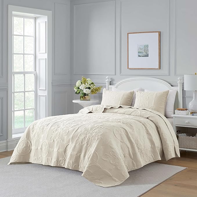 Ivory Damask Quilt Twin Size Bedding Sets with 1 Pillow Sham, Cream Boho Bedspread Lightweight Soft Farmhouse Vintage Bohemian Coverlet Retro Jacquard Pattern Bed Cover for All Season, 2 Pieces