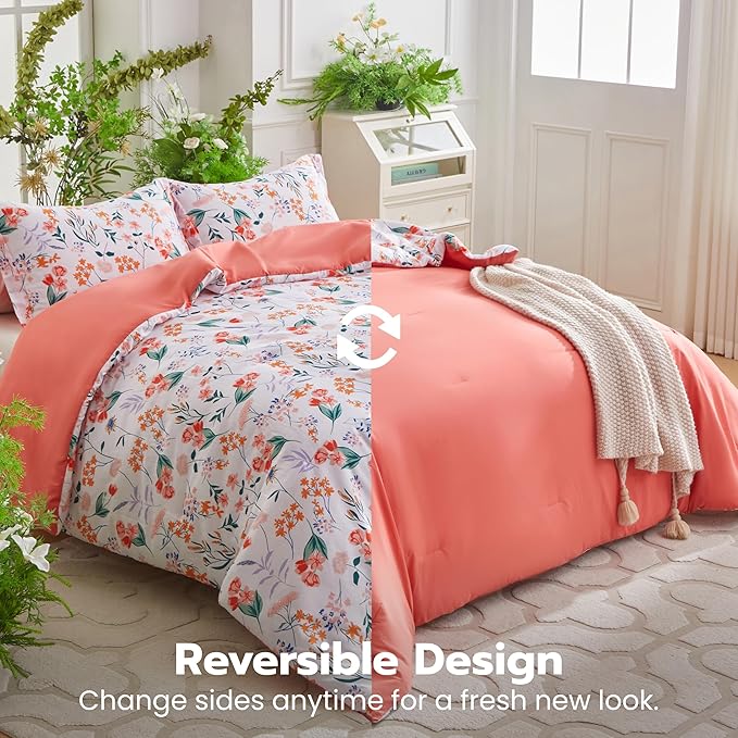 Joiedomi King Size Comforter Set White, 3 Pieces Floral King Bedding Set with 1 Soft Reversible Flower Comforter and 2 Pillow Shams, Bed in a Bag for All Seasons