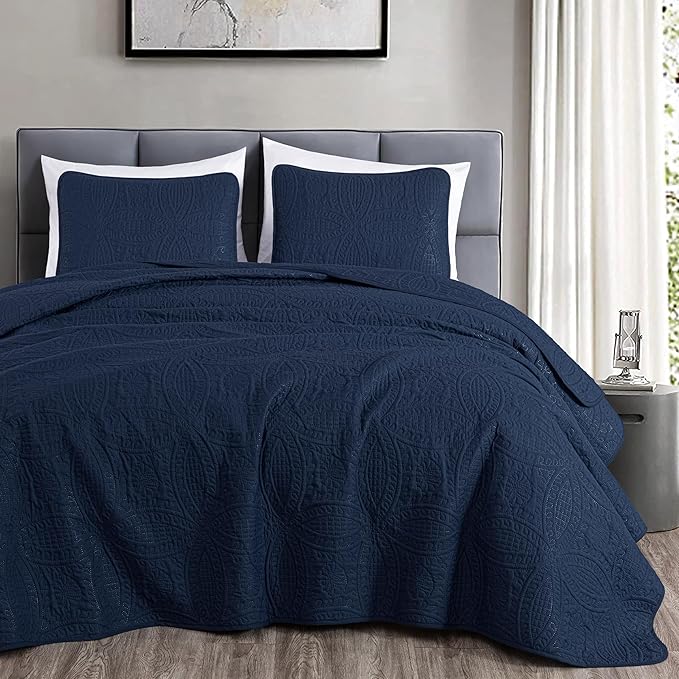 Chezmoi Collection Austin 3-Piece Oversized Bedspread Coverlet Set (King, Navy)