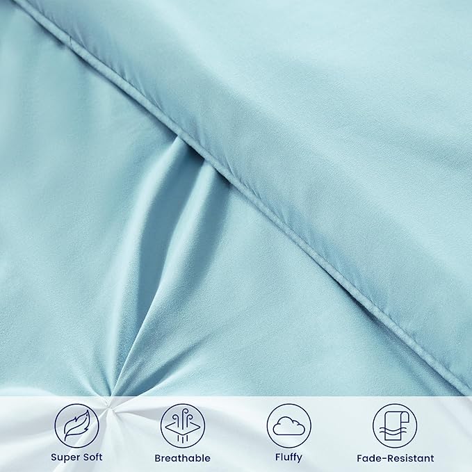 Fluffy Comforter Queen Set, 7 Pieces Pinch Pleat Design Bedding Set, Down Alternative Comforter with 2 Pillow Shams, 2 Pillowcases, 1 Flat Sheet, 1 Fitted Sheet (Stone Blue Pinch Pleat, Queen)