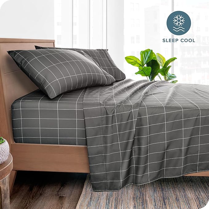 Bare Home Queen Sheet Set - Luxury 1800 Ultra-Soft Microfiber Double Brushed - Deep Pockets - Easy Fit - 4 Piece Set (Queen, Grid - Grey/White)