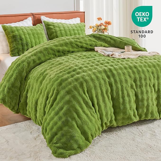 EMME Faux Fur Duvet Cover Twin Size, 2 Pieces Ultra Soft Fluffy Comforter Cover, Cozy Warm for Winter, Luxury Elegant Shaggy Bubble Design Bedding, 1 Duvet Cover & 1 Pillow Shams (Twin, Green)