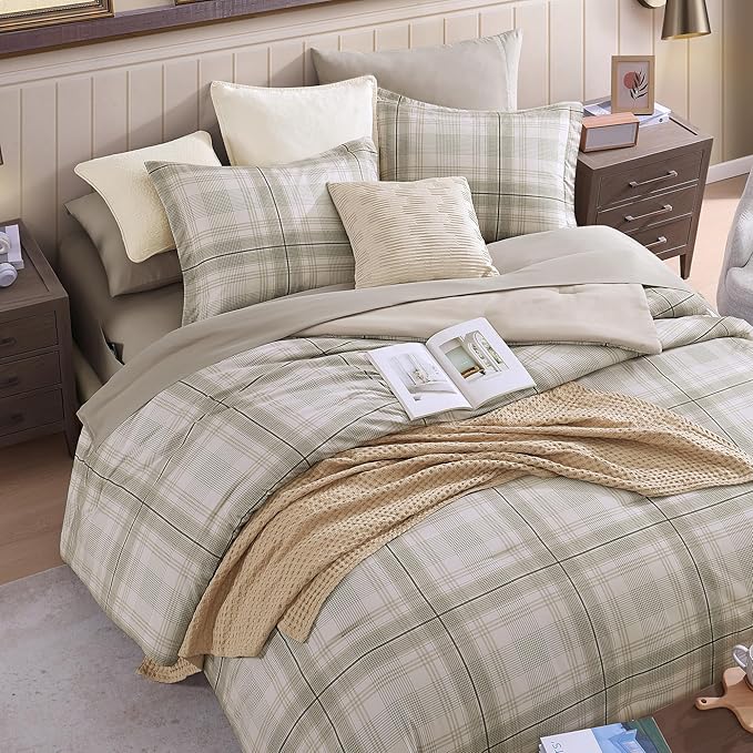 Full Size Comforter Sets, Khaki Green Plaid Bedding Set 7 Piece for Boys Girls Teen, Classic Homestead-Style Kids Comforter Set Bed in A Bag with Sheets, Pillowcases & Shams