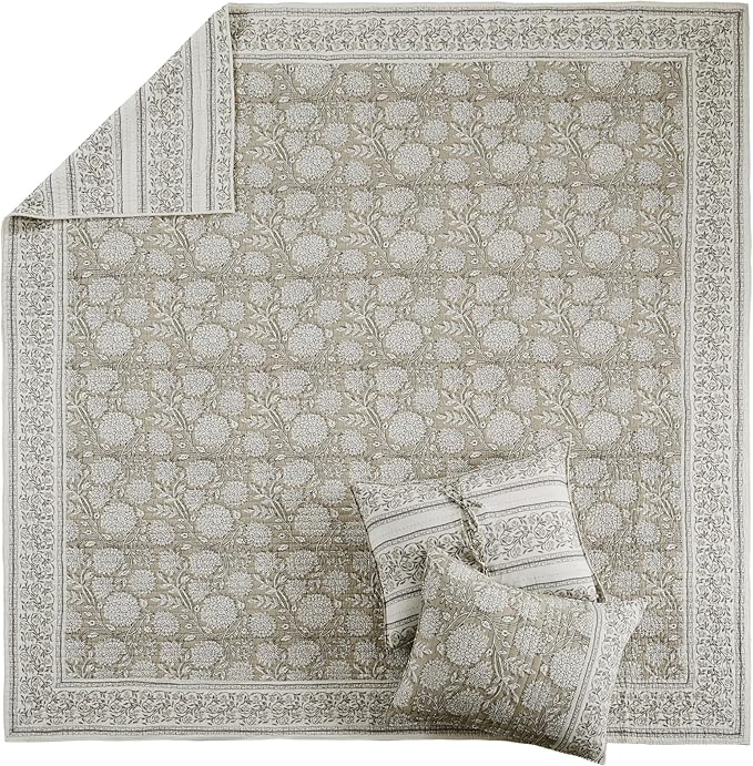 Levtex Home Adare Taupe Reversible King/Cal King Quilt Set (106x92in) and 2 Pillow Shams (36x20in) - Floral Bedding - Taupe White - Cotton King Size Quilt Bedding Set - Lightweight, Soft, Pre-Washed