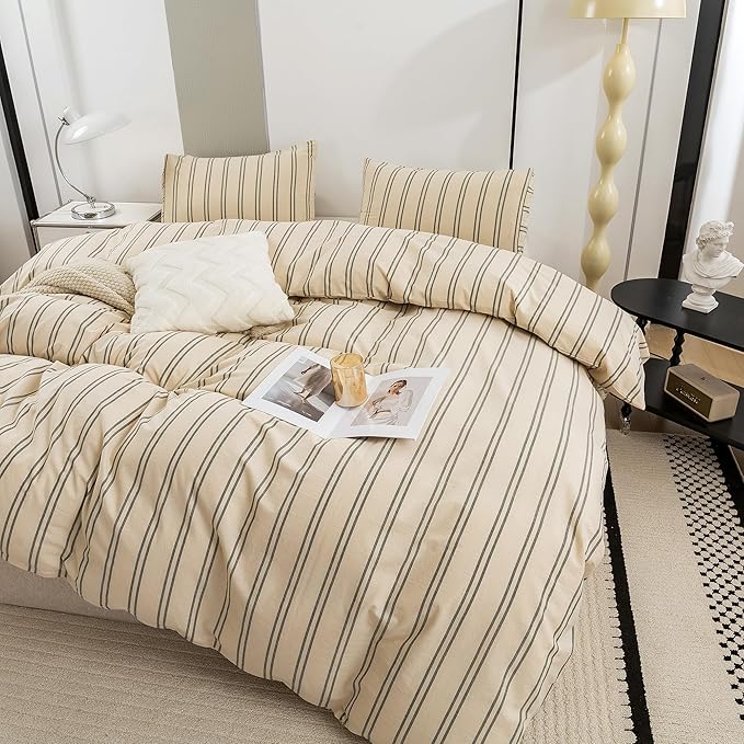 ECOCOTT Duvet Cover King Size - Linen Feel Organic Natural 100% Washed Cotton, Soft Breathable & Durable Bedding Set, Comfy Stripe Design for All Seasons