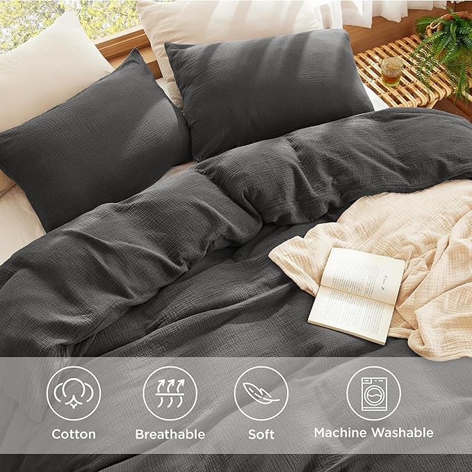 Bedsure 100% Muslin Cotton Duvet Cover King Size - Ultra-Soft, Breathable & Lightweight - Linen Like Gauze Comforter Cover Set with Button Closure and Corner Ties (Dark Grey, King, 104"x90")