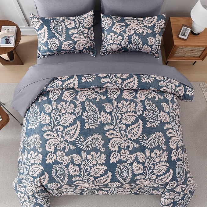 Drucon Paisley Comforter Set King, 7 Pieces Bed in a Bag Boho Comforter Bedding Soft Microfiber King Size Navy Blue Comforter with Sheet & Pillowcases