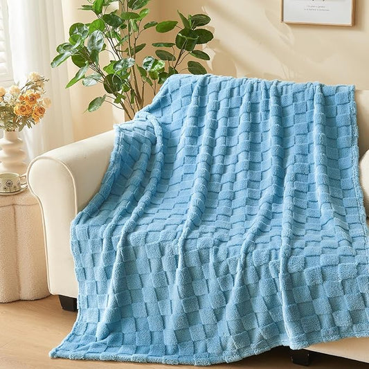 NEWCOSPLAY Super Soft Twin Blanket Blue Premium Silky Flannel Fleece 3D Checkered Lightweight Bed Blanket All Season Use (Blue Checkered, Twin(60"x80"))