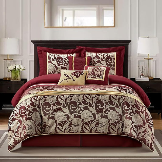 Grand Avenue Black and Red Comforter Set King Size, 7 Piece Jacquard Floral Bedding Set, All Season, Ultra-Soft, Matching Pillows & Shams, Bed Skirt