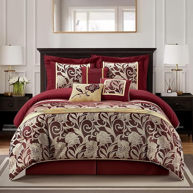 Grand Avenue Black and Red Comforter Set Queen Size, 7 Piece Jacquard Floral Bedding Set, All Season, Ultra-Soft, Matching Pillows & Shams, Bed Skirt