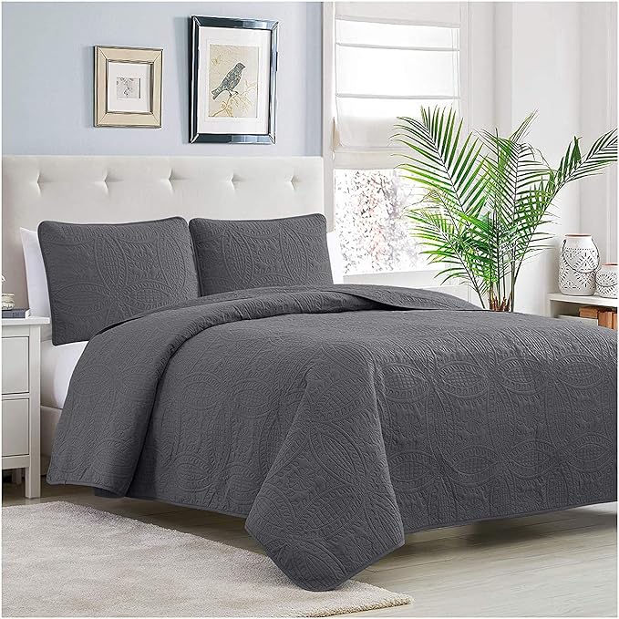 Mellanni King Bedspread Coverlet Set - Bedding Cover with Shams - Ultrasonic Quilting Technology - 3 Piece Oversized Quilt Set - Bedspreads & Coverlets (King, Gray)