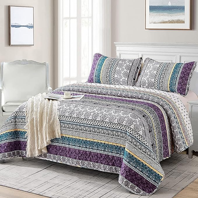 WONGS BEDDING Boho Quilt Set California King Size, Purple Bohemian 3 Pieces Quilt Sets, Lightweight Bedspread Coverlet Bedding Set for All Season (106"x96")