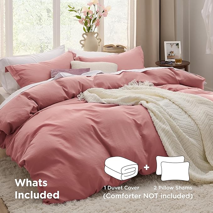 Bedsure Pink Clay Duvet Cover King Size - 3 Pieces Prewashed Cotton-Like Extra Soft Bedding Set, Includes 1 Duvet Cover 104x90 Inches with Zipper Closure & 2 Pillow Shams, Comforter Not Included