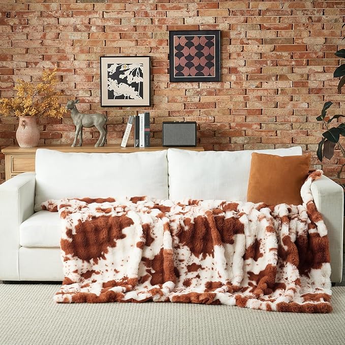 Lotus Karen Faux Fur Throw Blanket Cow Print-Light Brown, Fluffy Fuzzy Plush Bubble Blanket for Couch, 90x90 InchesCozy Shaggy Rabbit Blanket, Luxury Decorative Gifts for Sofa Bedroom Living Room.