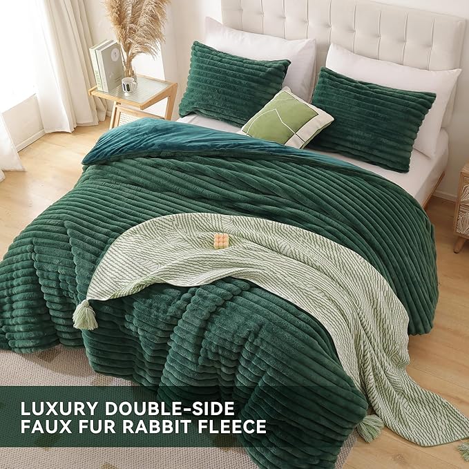Smoofy Fluffy Twin Comforter Sets 2 Pieces - Dark Green Fleece Fluffy Comforter Set, Luxury Fuzzy Twin Bedding Set, Soft Warm Comforter All Season, Heavy Faux Fur Comforter with Pillow Cases