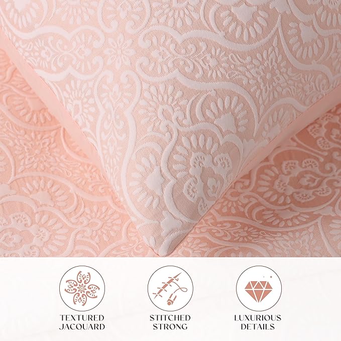 Superior 3 Piece Bedspread Set, Home Bed Decor, Decorative Bed Spread, 2 Pillow Shams, Medium Weight Blanket, Floral Matelasse Coverlet, Bedding Essentials, Enzy Collection, Queen, Peach