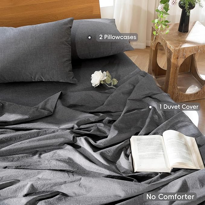 MooMee Bedding Duvet Cover Set 100% Washed Cotton Linen Like Textured Breathable Durable Soft Comfy (Heathered Dark Grey, Oversized Queen 98"x98")