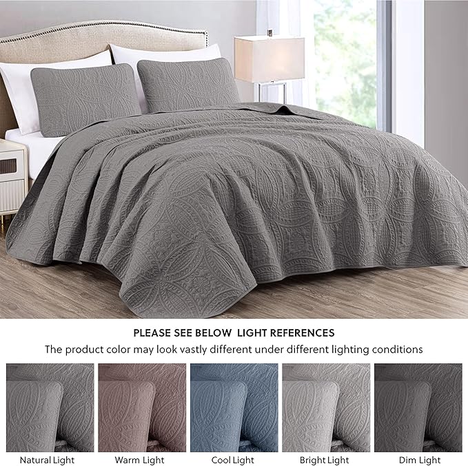 Chezmoi Collection Austin 3-Piece Oversized Bedspread Coverlet Set (Queen, Gray)