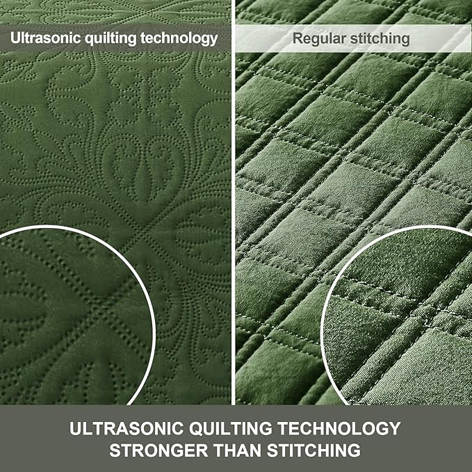 Hansleep Olive Green Quilt Queen Size - Baroque Ultrasonic All Season Bedspread Queen, Soft Lightweight Coverlet Bedding Set, 3 Pieces (1 Quilt, 2 Pillow Shams)