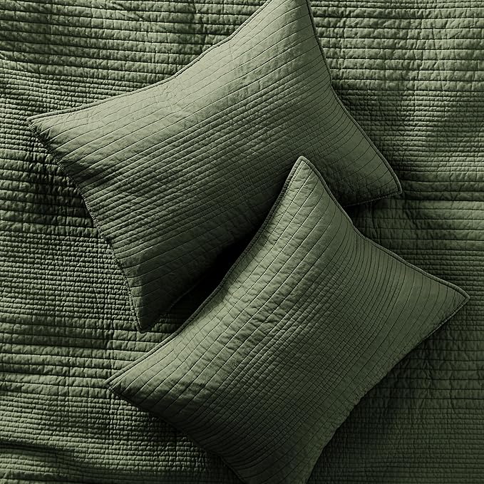 palassio Striped Olive Green 100% Cotton Quilt Twin Size Bedding Sets, Lightweight Crinkly Channel Pick Stitch Textured Bedspread Soft Shabby Chic Farmhouse Country Coverlet for All Season, 1 Sham