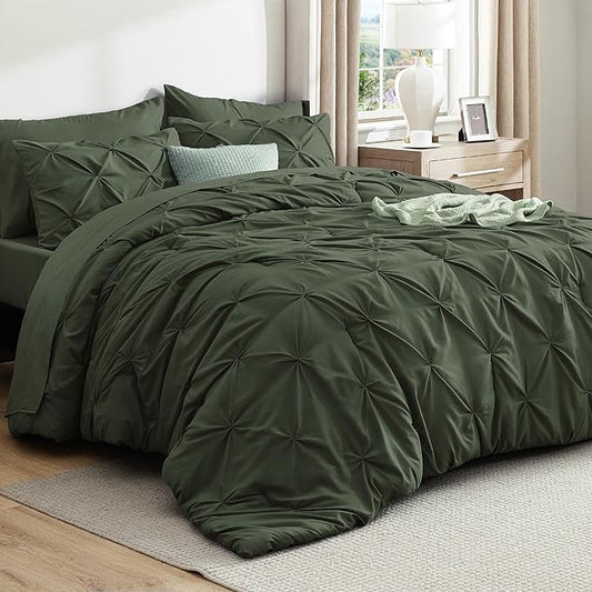 Bedsure Oversized King Comforter Set Olive Green - Bed in a Bag Bedding Set 7 Pieces, GentleSoft™ Pintuck Bed Set Gift for Family, Pinch Pleat Olive Green Comforter with Sheets, Pillowcases & Shams