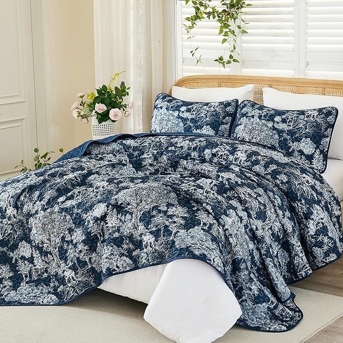 WONGS BEDDING Quilt Set King Size, 3 Pieces Navy Blue Botanical Floral Printed Bedspread Coverlet Set Soft Lightweight Toile Plants Bedding Set for All Season (104"x90")