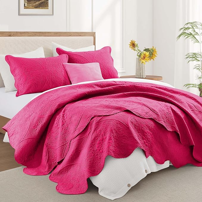 MOONLIGHT20015 8 Pack California King Quilt Bedding Set (118"x106") - Bulk Wholesale for Hotels, Guest Bedroom & Airbnbs - Microfiber Reversible Floral Embossed Quilts Bedspreads (Pink)