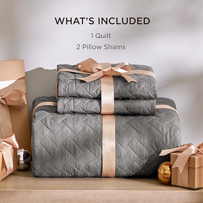 Bedsure Quilts Queen Size - Grey Bedspreads Queen Size with Basket Weave Pattern, Soft Quilt Bedding Set, Lightweight Comforter Set Coverlet for All Seasons with 2 Pillow Shams (90" x 96")