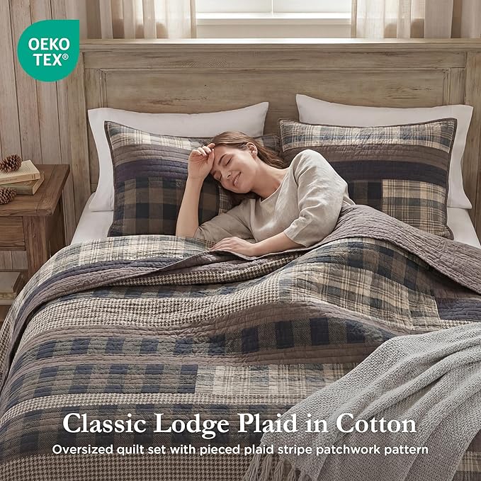 Woolrich Winter Plains Reversible Quilt Set - Cottage Styling Reversed to Solid Color, All Season Lightweight Coverlet, Cozy Bedding Layer, Matching Shams, Oversized Full/Queen, Stripes Taupe 3 Piece