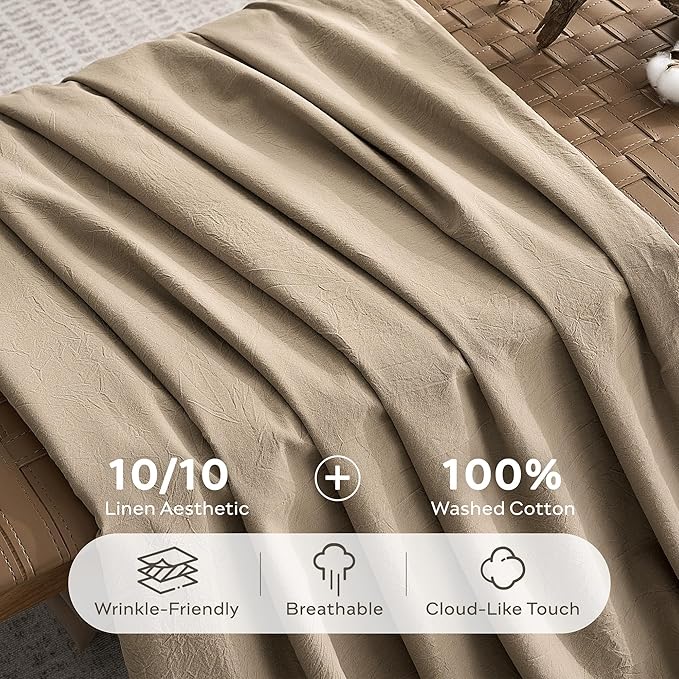 JELLYMONI Duvet Cover Queen Size - Washed Cotton Comforter Cover with Linen-Like Texture,Breathable & Soft Bedding for Modern Home,Guest Room and Everyday Use,Dusty Khaki 1 Duvet Cover & 2 Pillowcases