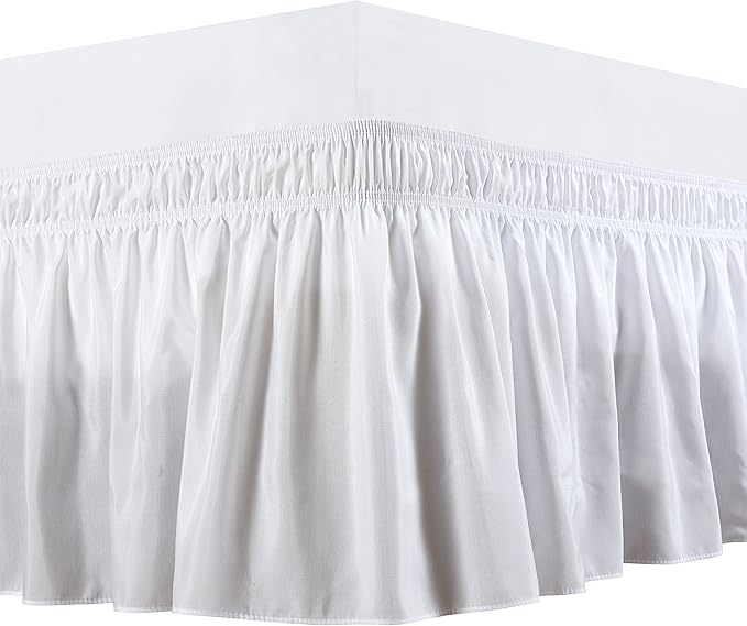 Bed Skirt Three Sides Fabric Adjustable Elastic Wrap Around Dust Ruffled Bed Skirts Queen XL Size White Solid 16" Tailored Drop
