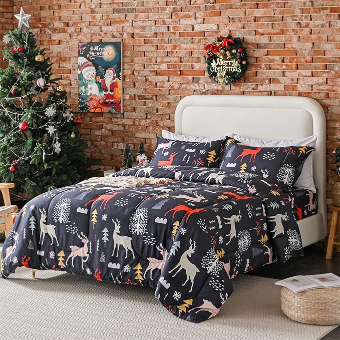 Yibeizi Christmas Comforter Set Twin, Kids Cute Tree Reindeer Printed Bedding Set with Pillow Sham, Lightweight Soft Breathable Machine Washable Quilted Bed Comforter Set 2 Piece